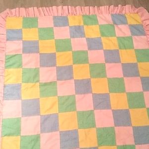 Vintage? Handmade baby patchwork quilt blanket ruffle trim gingham squares